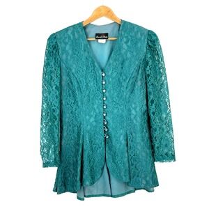 VTG David‎ Rose Womens Lace Embellished Tunic Top Size 12 Fairy Whimsy Button Up